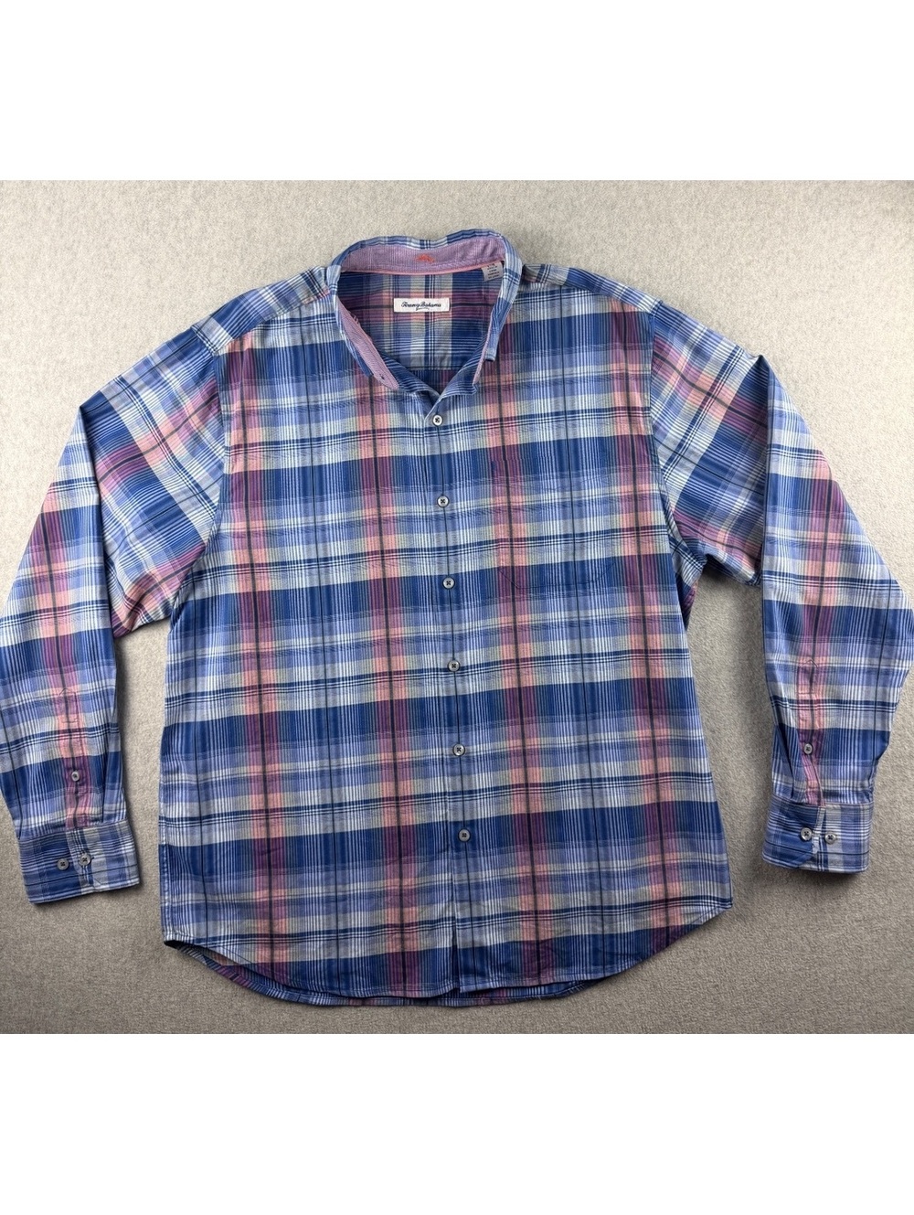 Tommy Bahama Puerto Prism Plaid Shirt Mens L Blue Pink Cotton Silk Stretch